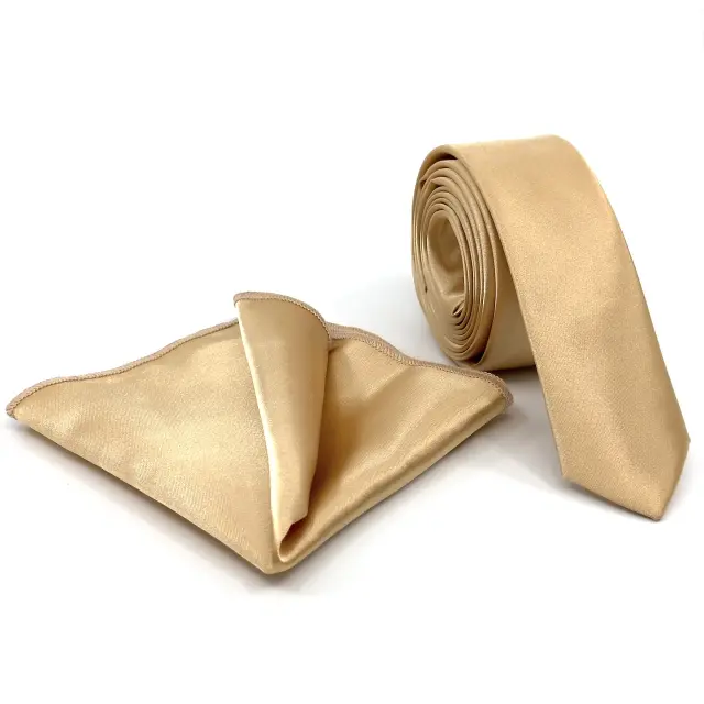Χρυσαφί Γραβάτα Σατέν Glossy Slim 4,5 cm με Ασορτί Μαντήλι 2
