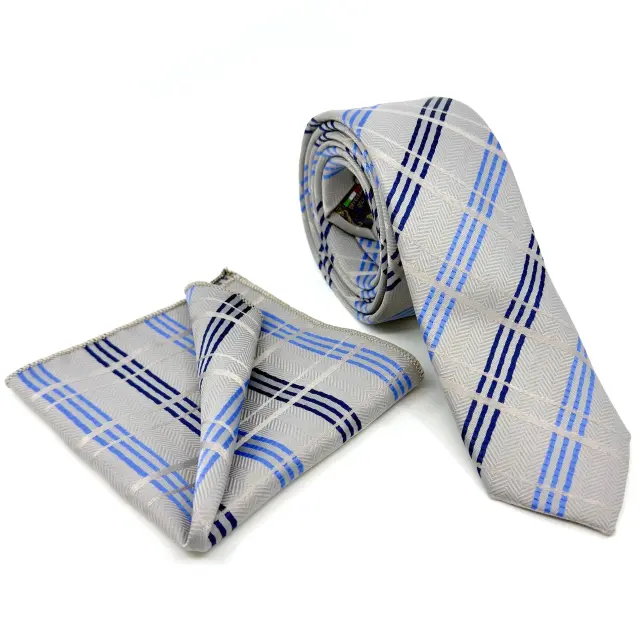 Ασημί–Μπλε Γραβάτα Καρό Microfiber Σετ με Μαντήλι 6,5 cm