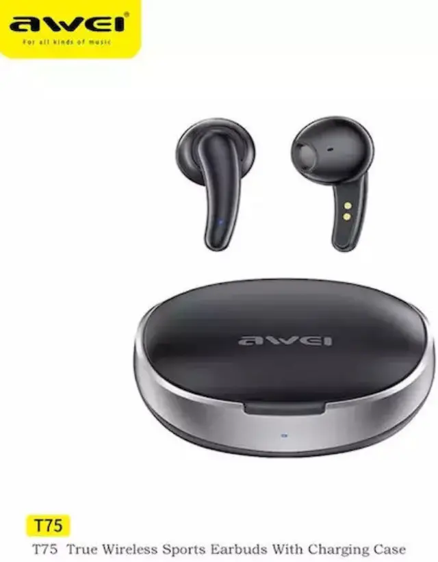 Awei T75 Earbud Bluetooth Handsfree Ακουστικά με Αντοχή στον Ιδρώτα και Θήκη Φόρτισης Μαύρα