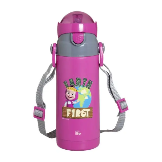 Ανοξείδωτο Παγούρι Θερμός με Καλαμάκι 400ml Ecolife Kids Thermos Masha Earth First Magenta 33-BO-2120