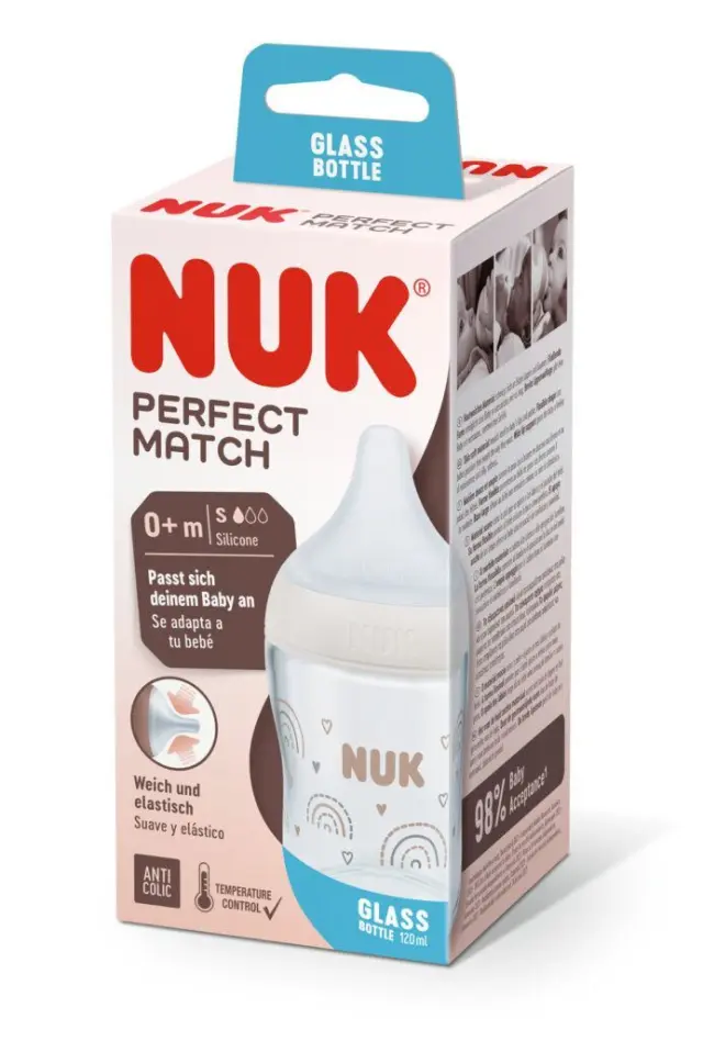 Nuk | Perfect Match Γυάλινο Μπιμπερό με Δείκτη Ελέγχου Θερμοκρασίας 0m + | 120ml
