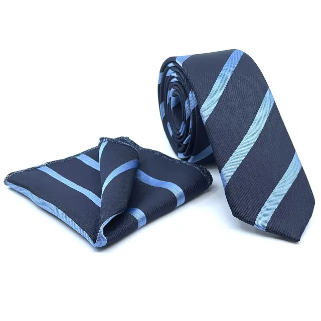 Μπλε - Σιέλ Σχεδιαστική Γραβάτα Microfiber Σετ με Μαντήλι