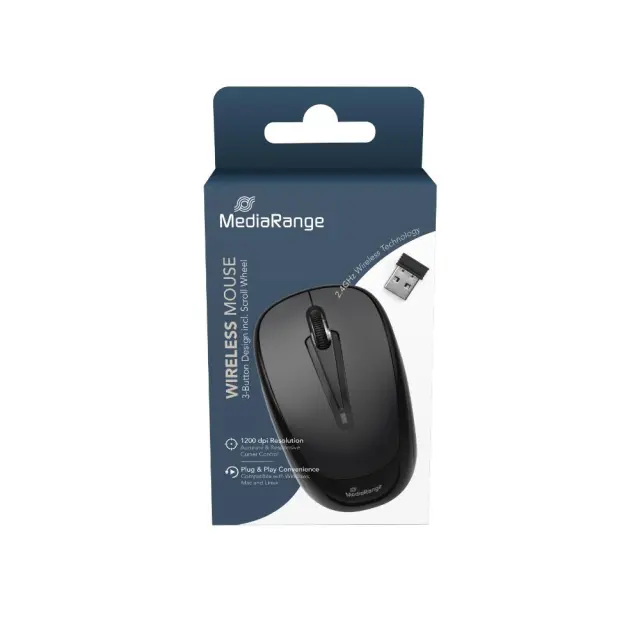 MediaRange Optical Mouse Wireless 3-Button (Black, Wireless) (MROS216)