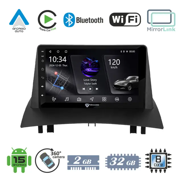 VenCore Οθόνη Multimedia Android 15 9" PX5S Octa-Core 2GB/32GB IPS με Πρόσοψη, CarPlay, Android Auto και Υποστήριξη Κάμερας 360° για Renault Megane 2 2002-2008 – Μαύρη (3236-10005-0717B)
