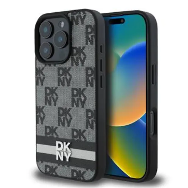 DKNY PU Leather Checkered Pattern and Stripe Case for iPhone 16 Pro Black
