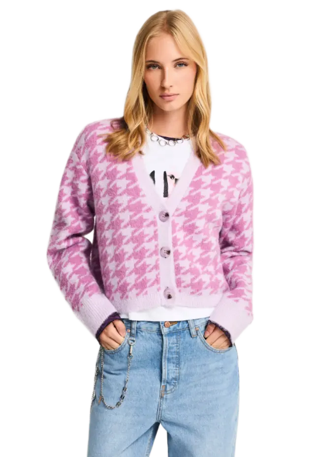 FunkyBuddha γυναικεία relaxed πλεκτή ζακέτα houndstooth FBL014-117-09-2