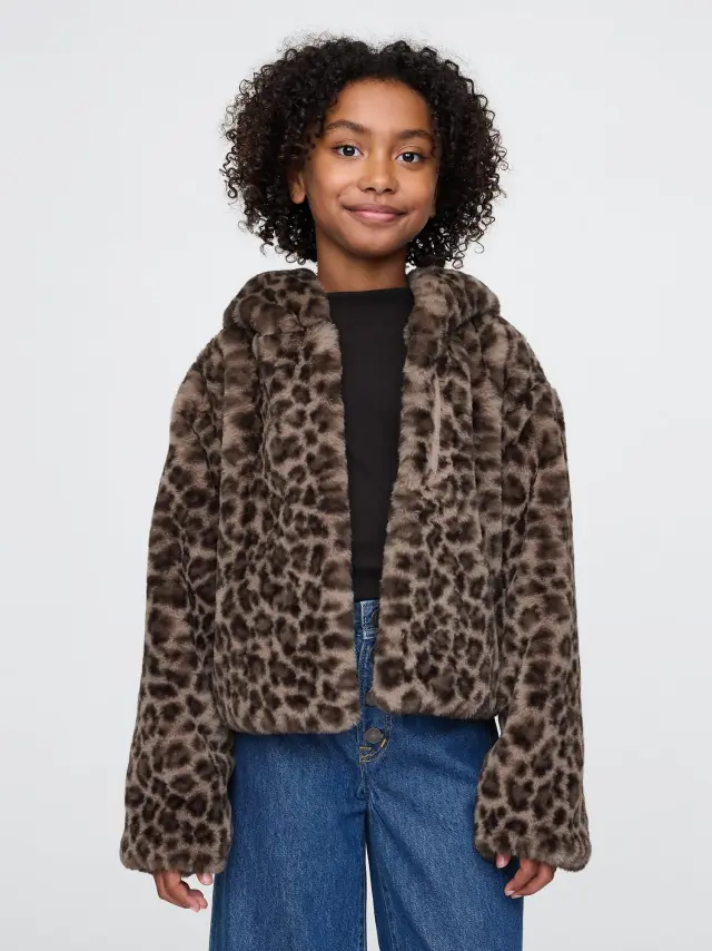 Καφέ Παιδικό Ανακυκλωμένο Leopard Faux Fur Πανωφόρι leopard print