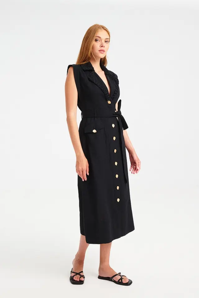 Midi Φόρεμα με Χρυσά Κουμπιά ROSY DRESS - XS 2
