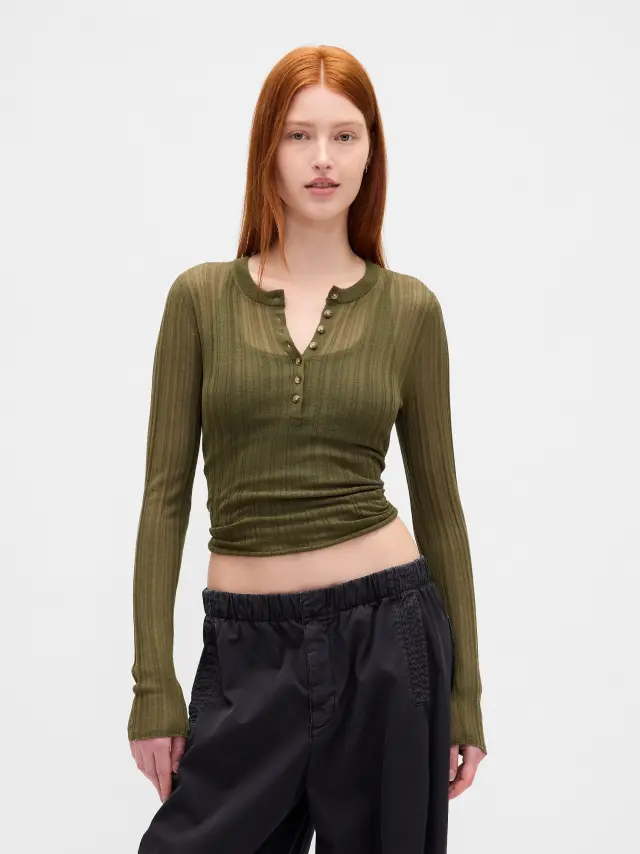 Διάφανο Ριμπ Henley Πουλόβερ Army jacket green