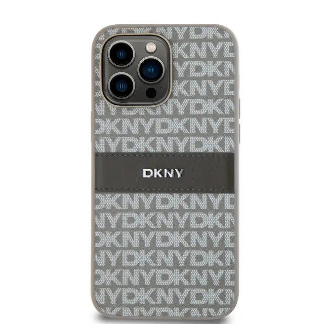 DKNY PU Leather Repeat Pattern Tonal Stripe Case for iPhone 14 Pro Beige 2