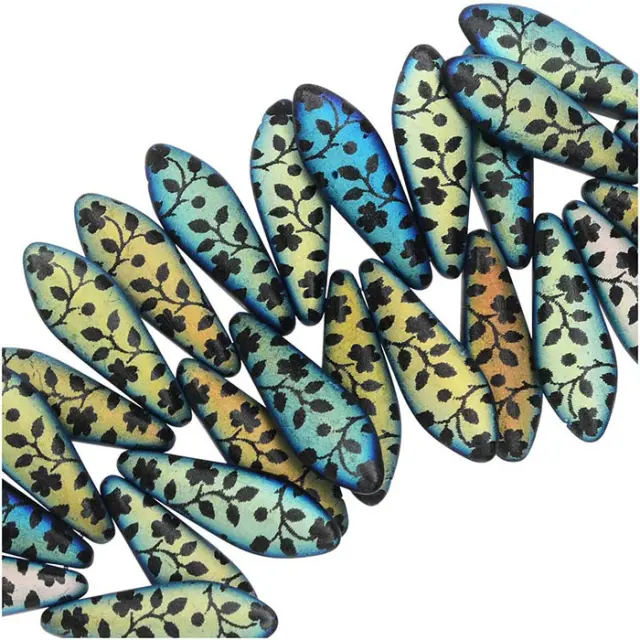 Χάντρα Czech Glass Dagger Laser Etched Flower, Jet Color 5x16mm ~25τεμ