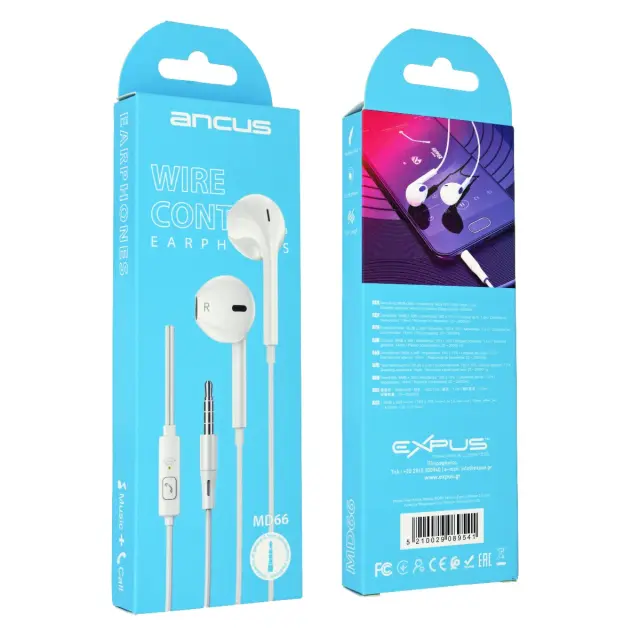 Hands Free Ancus Melody MD66 Semi in-Earbud Stereo 3.5mm Λευκό με Μικρόφωνο και Πλήκτρο Λειτουργίας 1,2μ 2