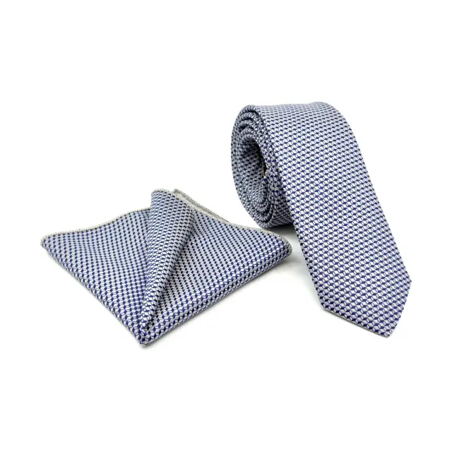 Ασημί–Navy Γεωμετρική Γραβάτα Microfiber Σετ με Μαντήλι 6,5 cm