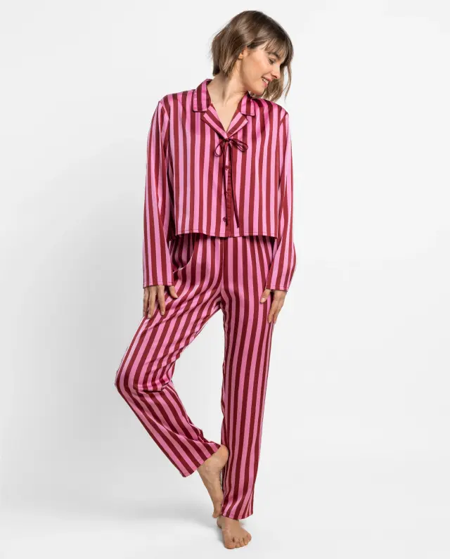 Admas Luxury Γυναικεία Σατέν Πιτζάμα Κουμπωτή Ριγέ Love Pink 2