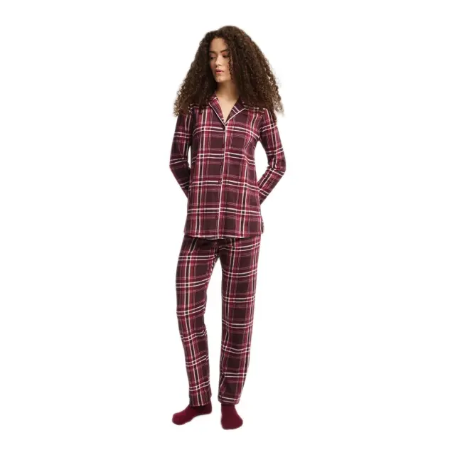 Minerva Γυναικεία Πυτζάμα Κουμπωτή Καρό, Χρώμα Bordeaux-Pink Plaid