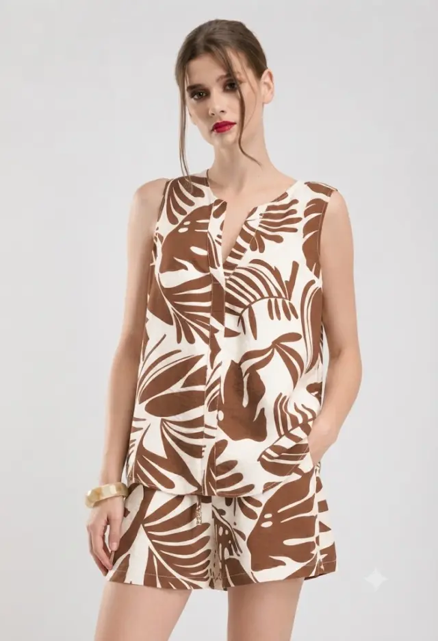 DESIREE Μπλούζα Αμάνικη με Μπεζ Tropical Print Μπεζ - XL 3