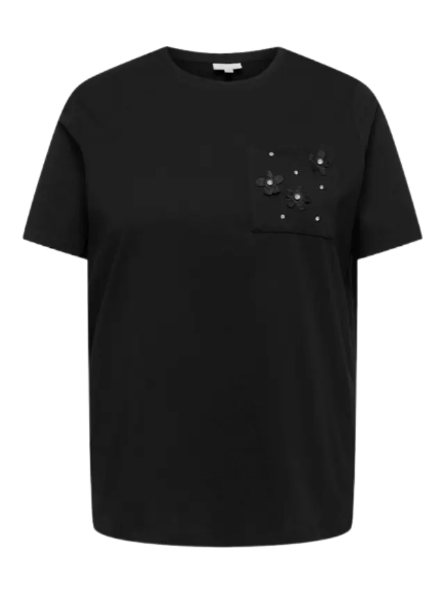 Tshirt γυναικείο με κοντό μανίκι και διακοσμητική τσέπη plus size - Μαύρο - XS