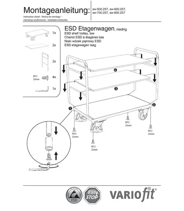 Variofit sw-500.257 Τρόλεϊ Μεταφοράς ESD 3 Επιπέδων για Φορτίο Βάρους ως 250kg 2