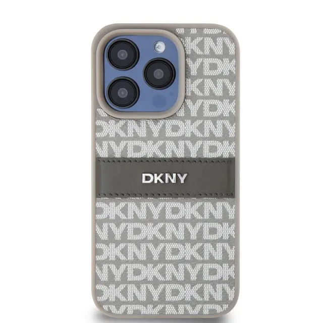 DKNY PU Leather Repeat Pattern Tonal Stripe Case for iPhone 14 Pro Max Beige 2