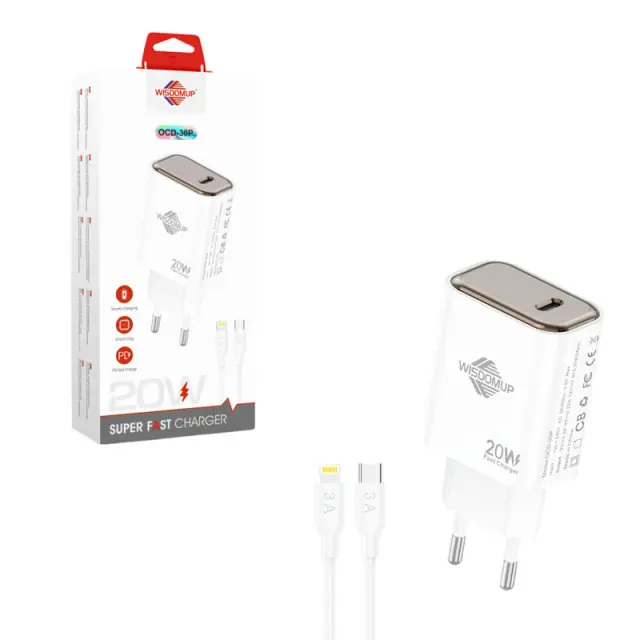 Wisdomup Φορτιστής Ταχείας Φόρτισης 20W USB-C με Καλώδιο USB-C σε Lightning OCD-30P - Fast Charger with USB-C to Lightning Cable 025603