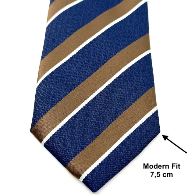 Navy - Μπλε Ριγέ Γραβάτα Microfiber Σετ με Μαντήλι 7,5 cm Modern Fit Σχέδιο 364 3