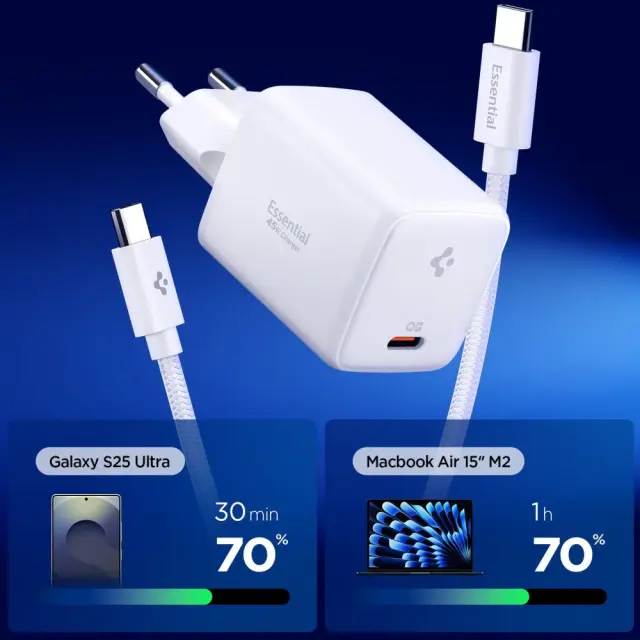SPIGEN EE451EU ESSENTIAL 1-PORT NETWORK CHARGER 45W + TYPE-C CABLE WHITE 2