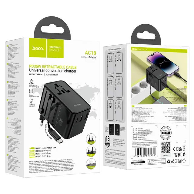 Φορτιστής Ταξιδίου Hoco AC18 Universal Converter US EU AU UK με 2 χ USB 1 χ USB-C και Ενσωματομένο Καλώδιο USB-C PD35W QC3.0 Μαύρο 2