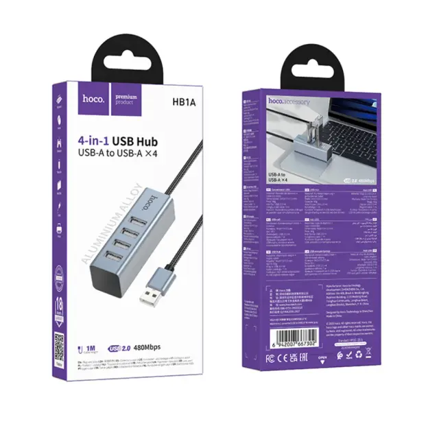 Hub USB Hoco HB1A 4-in-1 USB2.0 σε 4xUSB2.0 480Mbps 5V/3A Metal Gray 1.2m 2