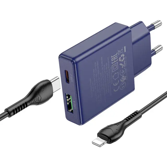 Hoco Φορτιστής με Θύρες USB-C, USB-A και Καλώδιο Lightning 30W Μπλε N45 2