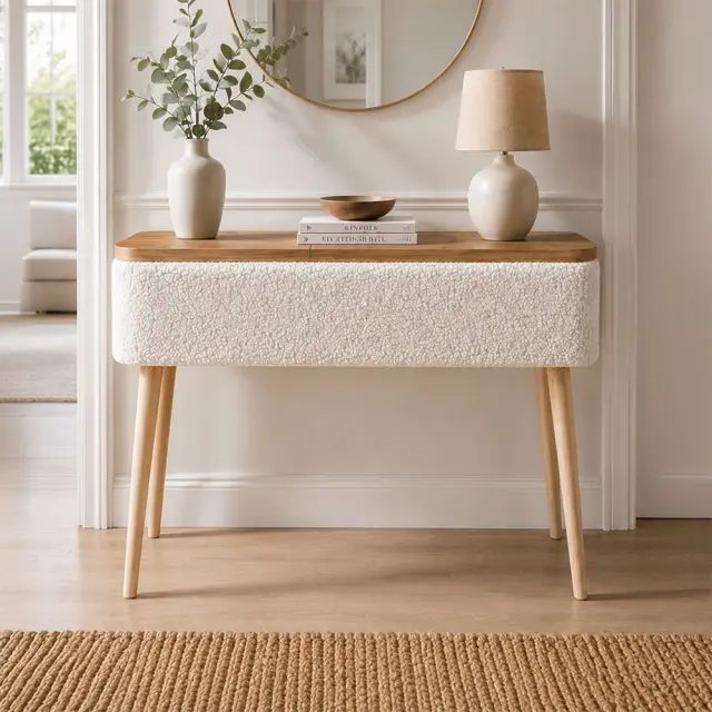 Κονσόλα Luno Megapap ύφασμα teddy χρώμα λευκό - pine oak 90x30x90εκ. 3