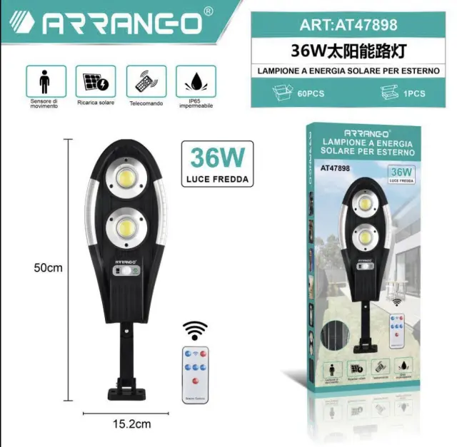 Arrango Ηλιακό Φωτιστικό 36W Επιτοίχιας Τοποθέτησης με Ανιχνευτή Κίνησης και Τηλεχειριστήριο σε Μαύρο Χρώμα AT47898 2