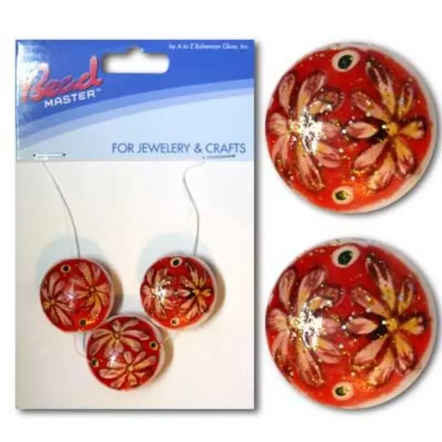 Χάντρα Γυάλινη Βαμμένη στο Χέρι - Red Flower Coin 20mm - 3τεμ