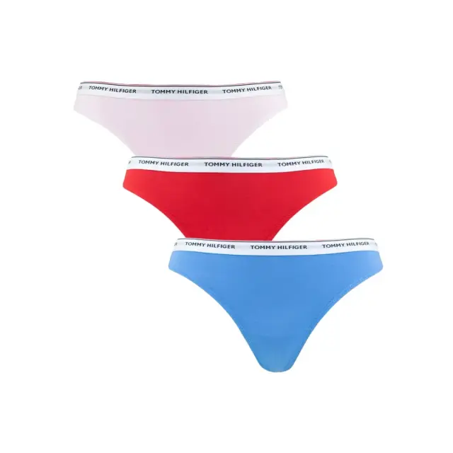 Tommy Hilfiger Γυναικείο String Small Logo Thong - Τριπλό Πακέτο, Χρώμα Fierce Red-Blue Spell-Pearly Pink - XL