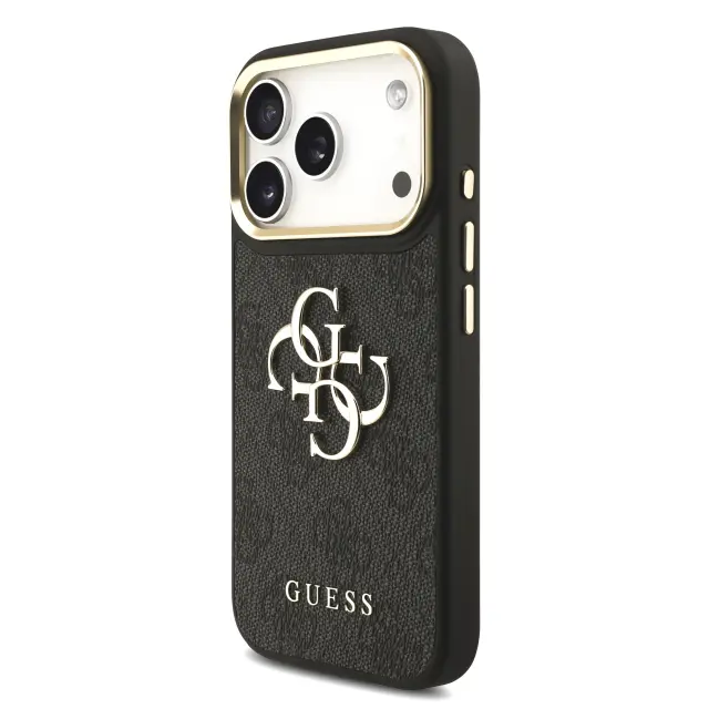 Guess PU Leather 4G Metal Logo Gold Frame Case for iPhone 18 Pro Black 2