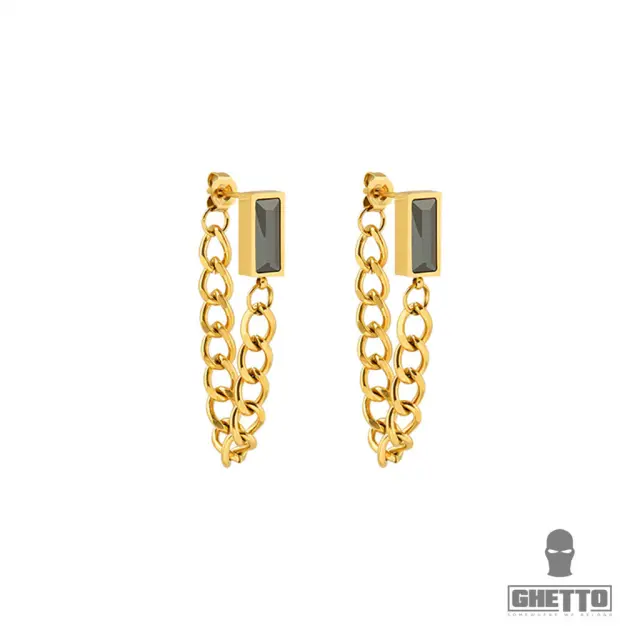 Ghetto 18K Gold Green Square Zircon Tassel Chain Earrings
