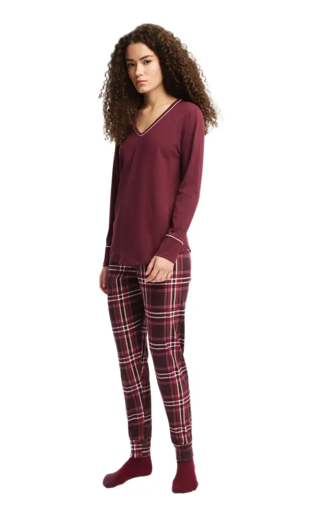 Minerva Γυναικεία Πυτζάμα V-Neck A/O Pants, Χρώμα Μπορντό