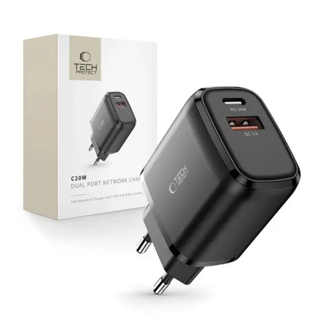 Tech-Protect Φορτιστής C20W Charger USB-C PD 20W / USB-A QC 3.0 Black