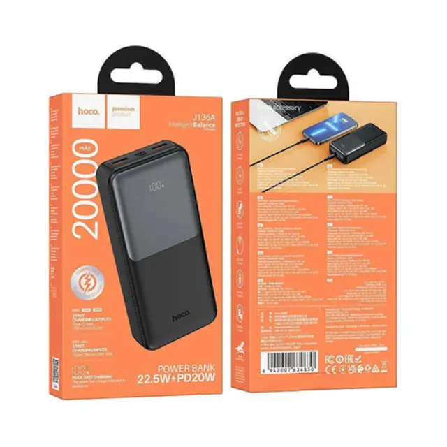 Hoco J136A Power Bank 20000mAh 22.5W με 2 Θύρες USB-A και Θύρα USB-C Μαύρο 3