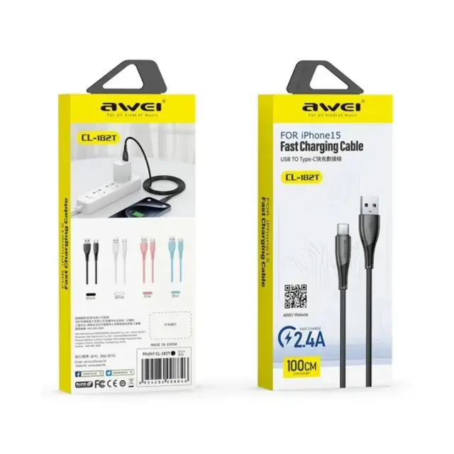 Awei Cl-182c USB 2.0 Cable USB-C male - USB-A 60W Μαύρο 1m 2