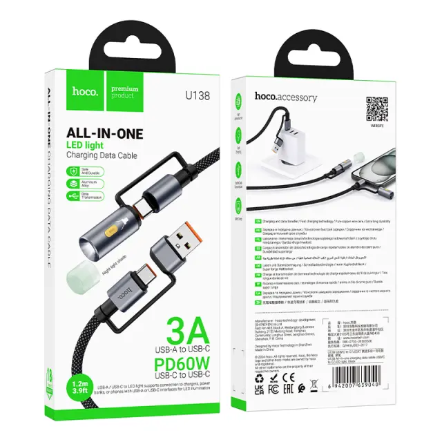 Καλώδιο Σύνδεσης Hoco U138 USB-C/USB-A σε USB-C/Φακό 3A PD60W Braided Μαύρο 1.2m 2