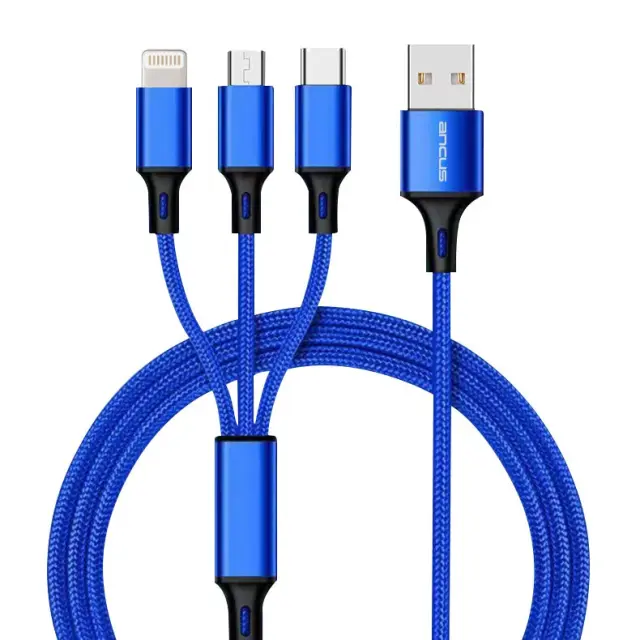 Καλώδιο Φόρτισης Ancus Flow Plus E54 USB 3 σε 1 Micro-USB, USB-C, Lightning 2.0A με Braided Καλώδιο Μπλε 1m. Με 5 Χρονια Εγγύηση 2