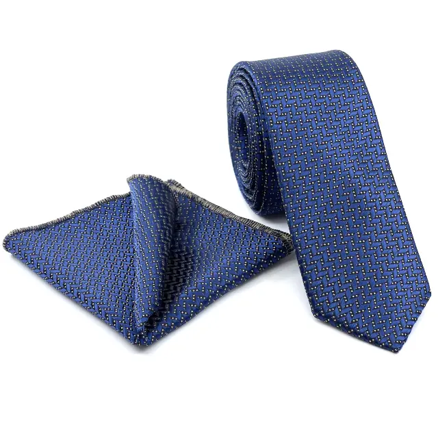 Γραβάτα Microfiber σε Μπλε Μοτίβο Σετ με Μαντηλάκι
