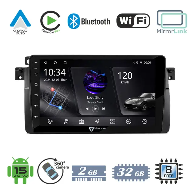 VenCore Οθόνη Multimedia Android 15 9" PX5S Octa-Core 2GB/32GB IPS με Πρόσοψη, CarPlay, Android Auto και Υποστήριξη Κάμερας 360° για BMW Series 3 E46 1998-2005 – Μαύρη (3236-10005-0603B)