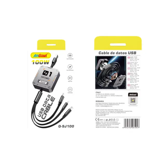Andowl Kαλώδιο 3 σε 1 Type-C, Lightning & Micro 100W Q-SJ100 - USB Data Cable 075796