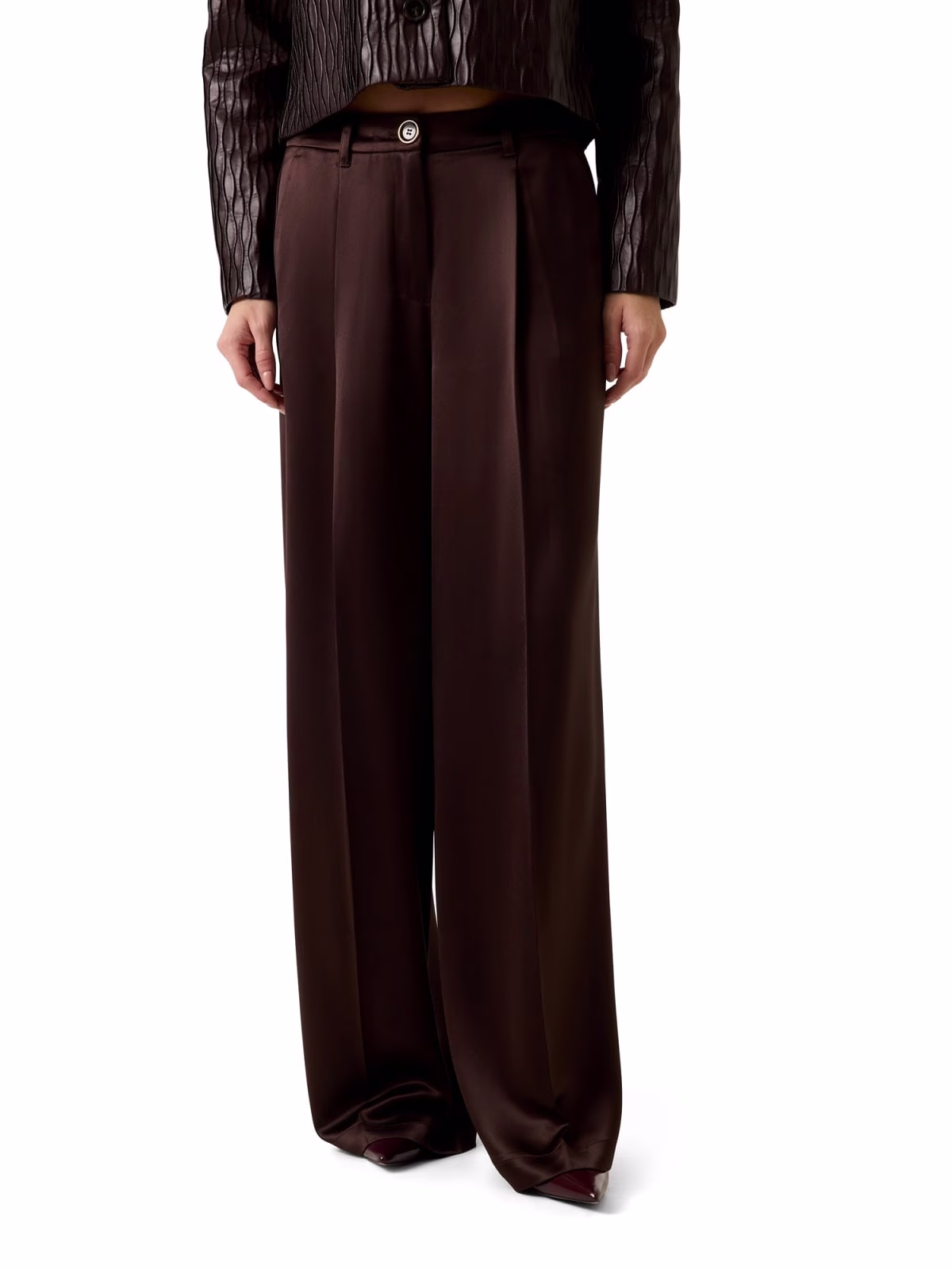 GUESS Καφέs Σατέν Παντελόνι wide leg Καφέ - L