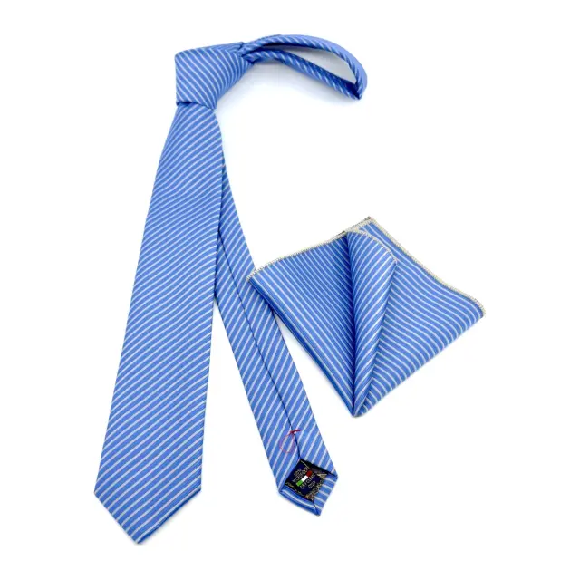 Μπλε Ρουά Γραβάτα με Λεπτή Ρίγα Microfiber Σετ με Μαντήλι 6,5 cm 3