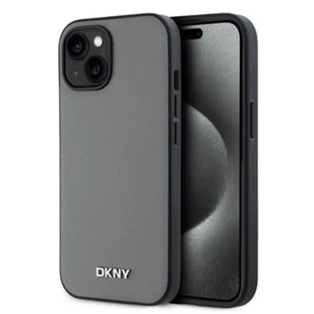 DKNY PU Leather Silver Metal Logo Magsafe Case for iPhone 14 Grey