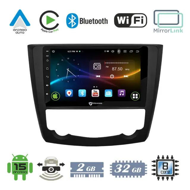 VenCore Οθόνη Multimedia Android 15 9" 9109A MTK6762 Octa-Core 2GB/32GB IPS με Πρόσοψη, CarPlay, Android Auto και Υποστήριξη Κάμερας Οπισθοπορείας AHD για Renault Kadjar 2015-2023 – Μαύρη (3236-10007-0218B)
