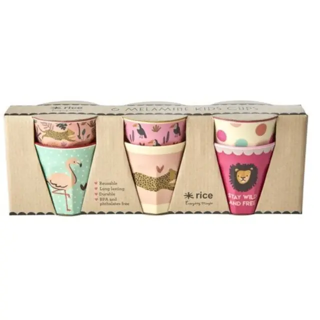 Rice - 6 Pcs Small Melamine Kids Cups Jungle Print Pink - Baby and Children