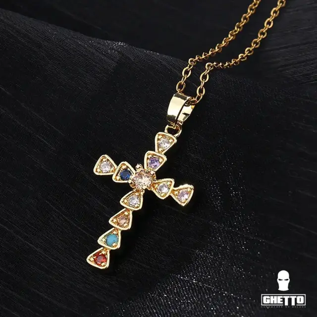 Ghetto Cross Gold18k Multicolor Pendant CZ Chain Necklace 2